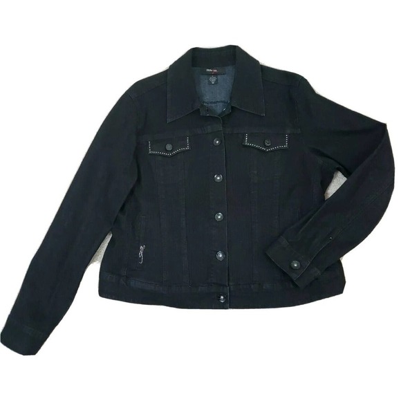 Style & Co. ~Woman Size L~ Black Denim Jean Jacket Stretch, Embellished. - Picture 1 of 12